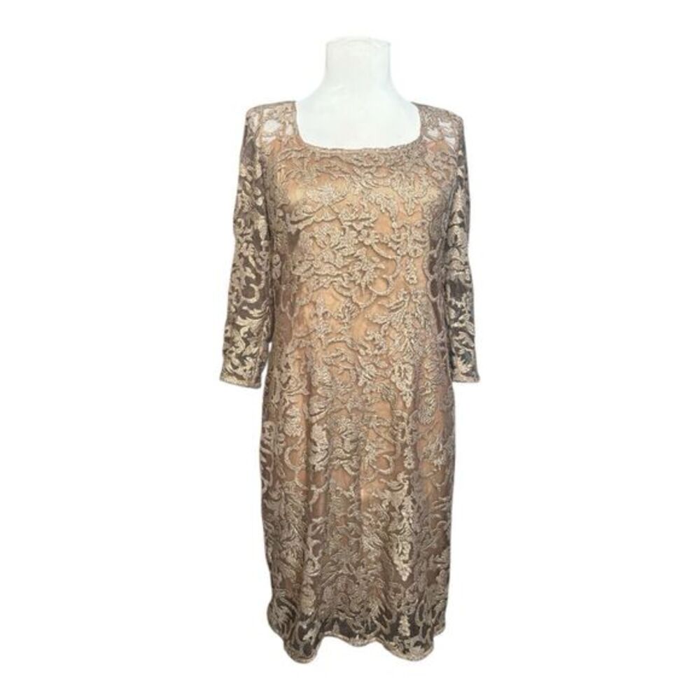 Kay Unger Gold Lace 3/4 Length Sleeve Slip Dress Cocktail‎ Party Formal Size 8